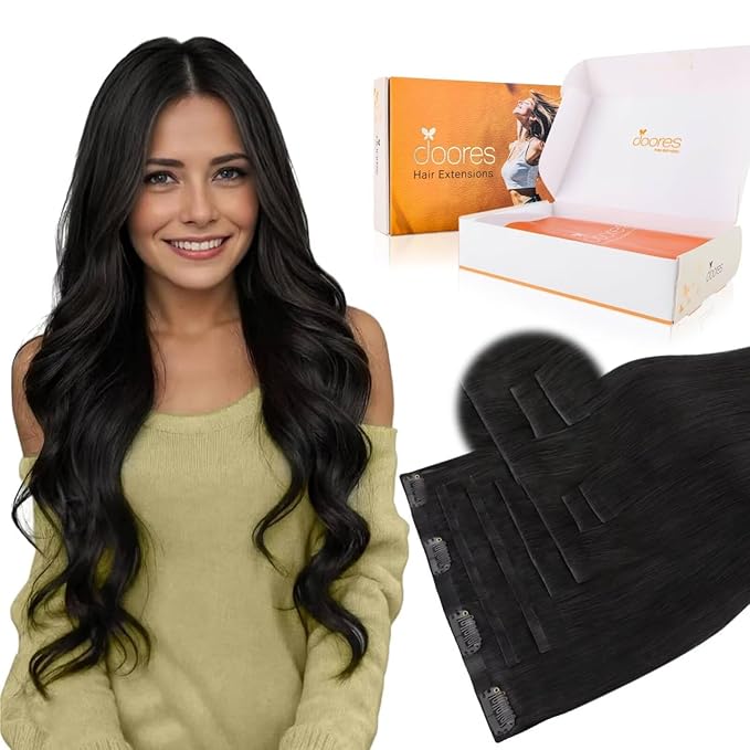DOORES Clip in Hair Extensions Set 18 Inch 130g, 4pcs Invisi Edge Clip ins and 3pcs Classic Seamless Clip ins, Injected Virgin Real Human Hair Extensions Natural Invisible Straight, #1B