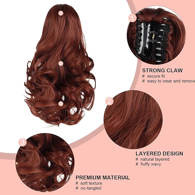 Ponytail Extension, Clip on Ponytails for Women, 12" Claw Clip in Short Curly Wavy Pony Hair Extension for Women - Auburn
