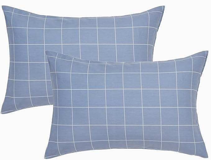 JELLYMONI 100% Natural Cotton Plaid Standard Pillowcases Set, 2 Pack Blue Checkered Pattern Printed Pillow Covers with Envelope Closure (Pillows are not Included)