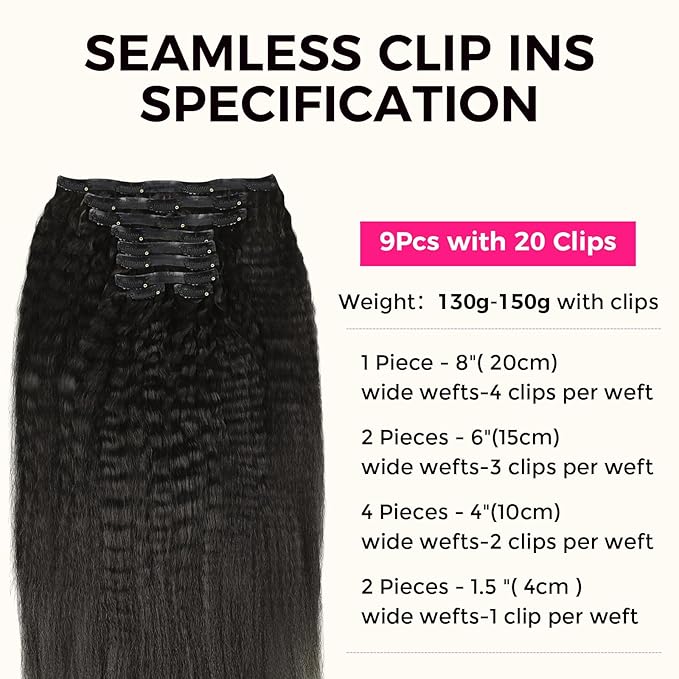 Lashey Clip in Hair Extensions Real Human Hair 150g Kinky Straight 9pcs Seamless Clip in Hair Extensions, 22 Inch #1B Natural Black 100% Real Soft Human Hair for Women