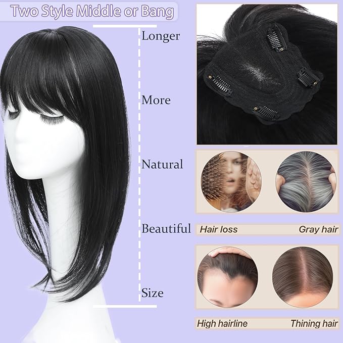 Hair Toppers for Women Real Human Hair, 360°3D Topper for Women with Thinning Crown Wispy Clip in Bangs Breathable Hand Tied Craft Big Coverage Hairpieces(Black（Big Coverage）, 16 Inch-3D-Side)