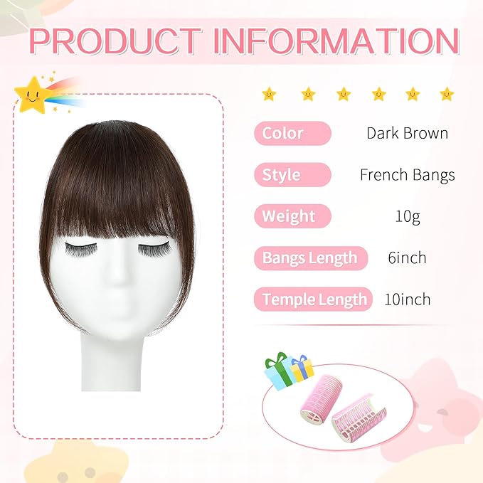 Clip in Bangs 100% Real Human Hair, French Bangs Hair Clip, Fake Bang Fringe with Temples Hairpieces for Women Daily Wear (Dark Brown, French Bangs)