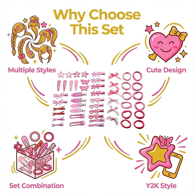 Pink Hair Clips Set for Women Styling 50pcs Bulk Barrettes Snap Hair Clips Ties Duck Bill Clip Metal Alligator No Crease Clip Bows Y2K Cute Bangs Hairclips Accessories (Pink)