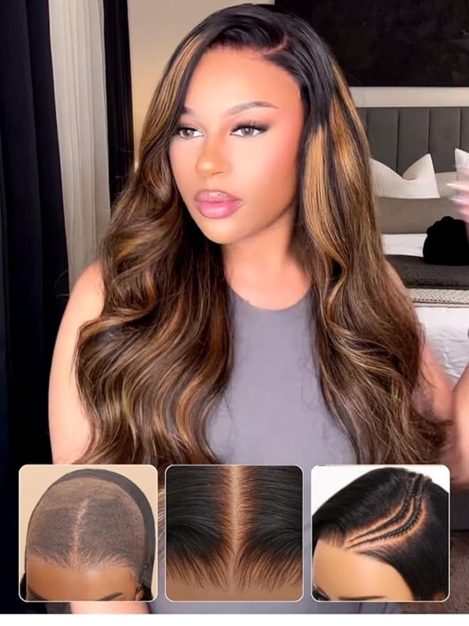 YIROO Bye Bye Knots Pre Everyting Glueless Wigs Highlight Balayage Brown Body Wave Put on and Go 7x5 Pre Cut Lace Front Wig Invisible Knots Pre-Bleached Pre Plucked Ready to Go 150% Density 16inch