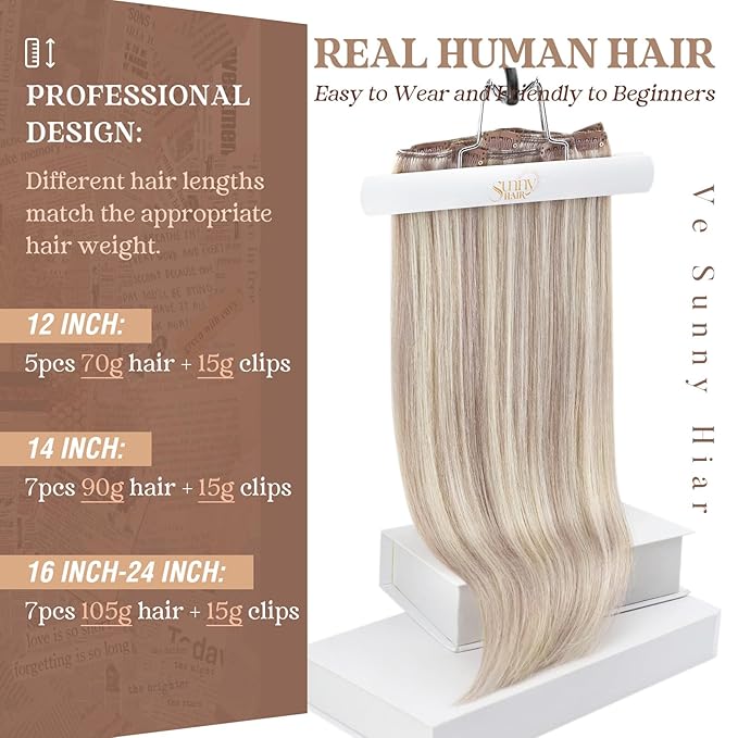 Ve Sunny Real Hair Extensions Clip in Human Hair Ash Blonde Highlight Bleach Blonde Remy Human Hair Clip in Extensions Straight 16inch 120g 7pcs