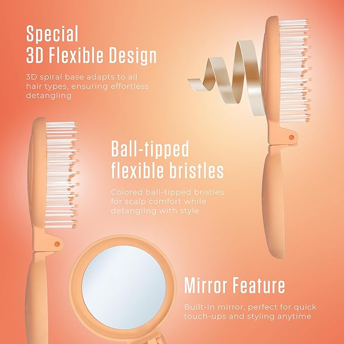 Mini Detangler Travel Hair Brush with Mirror, Makaron Hair Brushes for Women, Men and Kids, Unique 3D Flexible Design for All Hair Types, Styling Accessory, Travel Essentials for Women (PEACH FUZZ)