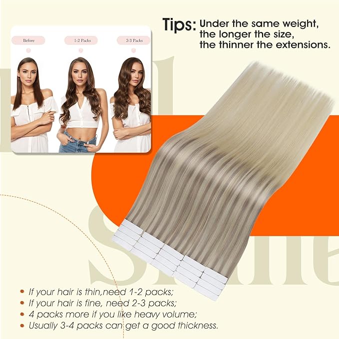 Full Shine Tape Hair Extensions 20Inch Tape in Extensions 18 Ash Blonde Ombre 22 and 60 Platinum Blonde Real Human Hair Extensions 20Pcs Seamless Invisible Human Hair 50G for Wedding