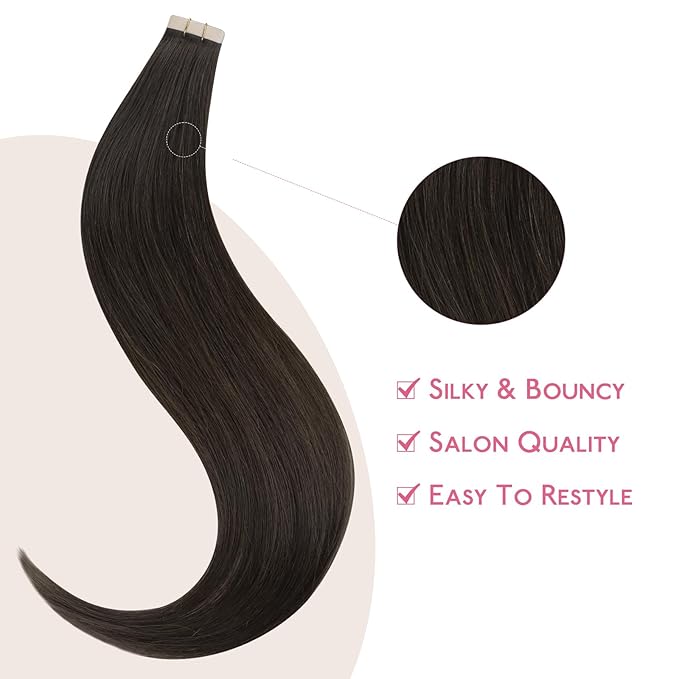 WENNALIFE Tape in Hair Extensions Human Hair Dark Brown Tape in Extensions, 10pcs 20g 10 inch Remy Invisible Tape Ins Straight Colored Soft Real Human Hair Tape in Extensions Refill Set Extensions