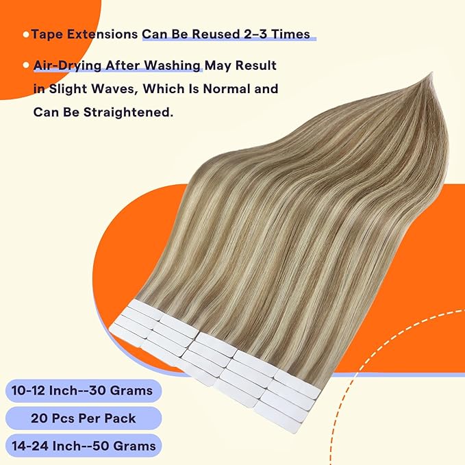 Full Shine Human Hair Extensions Tape Ins 22 Inch Color 16 Light Golden Blonde Highlighted 22 Blonde Tape in Hair Extensions Natural Remy Hair 20Pcs 50Grams Tape Extensions Human Hair