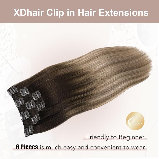 XDhair Human Hair Clip in Extensions 22 Inch 120g 6pcs Balayage Clip in Hair Extension Ombre Hair Extensions Clip ins Dark Brown to Dirty Blonde #2/6/18