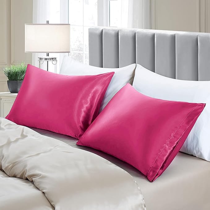 Aormenzy Satin Pillow Cases for Women King Size Set of 2, Hot Pink Satin Pillowcase for Hair with Envelope Closure Silky Pillow Covers Wrinkle, Fade Resistant (20x40 Inches)