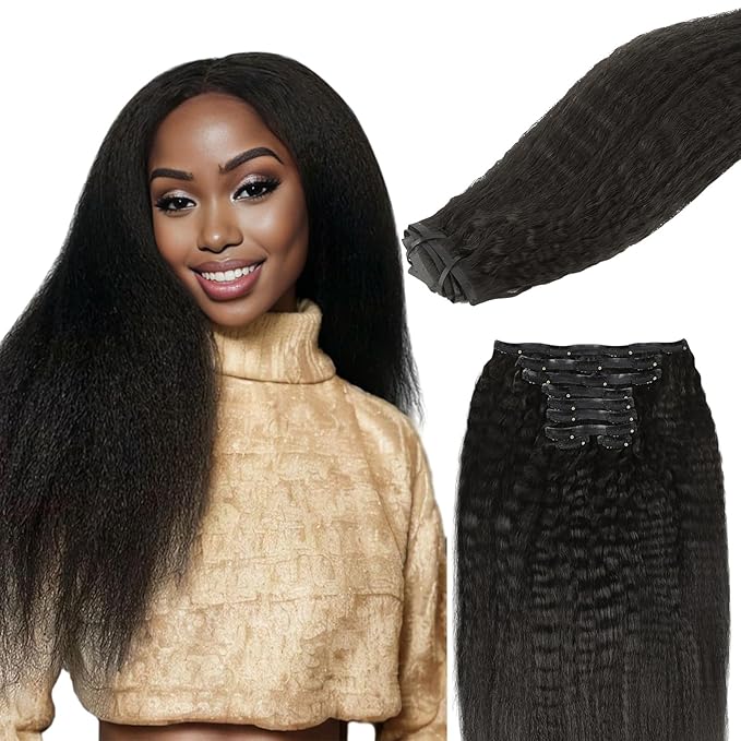 Lashey Seamless Clip in Hair Extensions Human Hair 150g 9pcs 20 Inch Kinky Straight Natural Black Real Human Hair Clip in Hair Extensions with Soft PU Weft
