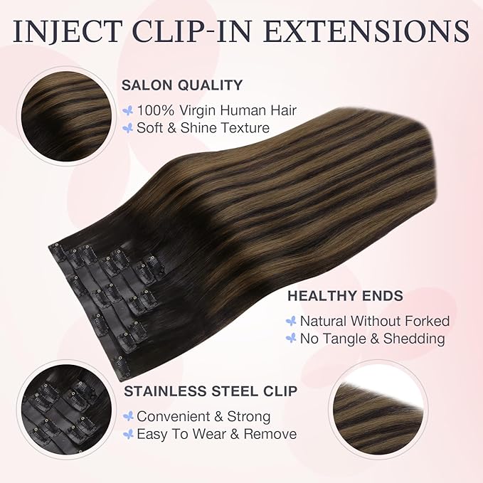 DOORES Injected Clip in Hair Extensions Real Human, Dark Brown to Chestnut Brown 14 inch 110g 7pcs Invisi Edge, Seamless Clip in Hair Extensions Invisible Virgin Injected Skin Weft
