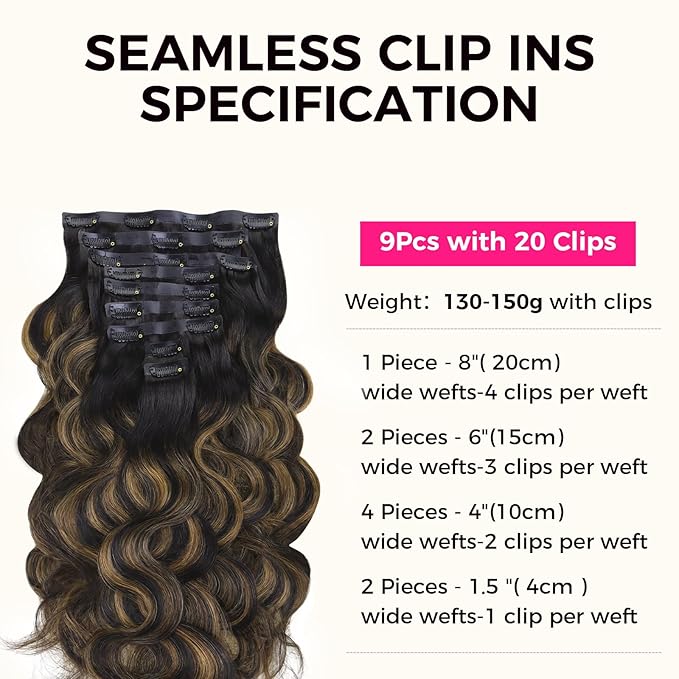 Lashey Seamless Clip in Hair Extensions Human Hair 130g 9pcs 16 Inch Body Wave Natural Black Mixed Chestnut Brown Clip in Hair Extensions for Women