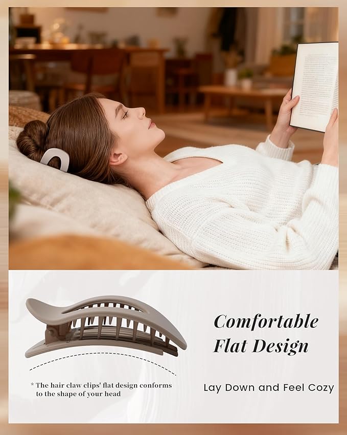 Mesovor 6 Pack Flat Hair Claw Clips, 4.33" Nonslip Large Round Lay Flat Hair Clips | Strong Hold French Flat Hairclips for Lying Down, Yoga, Driving (Neutral Matte)
