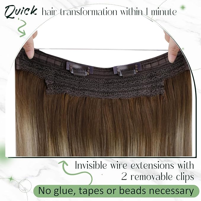 RUNATURE Brown Ombre Blonde Wire Hair Extensions Real Human Hair, Invisible Wire Hair Extensions Remy Straight Hair，One Piece 14 Inch 70g #3/8/22 Walnut Brown to Light Brown with Light Blonde
