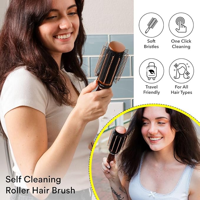 Self Cleaning Brushes for Women - Roller Retractable Detangler Round Brush for Blow Out Travel Brown Christmas Gifts for Womens