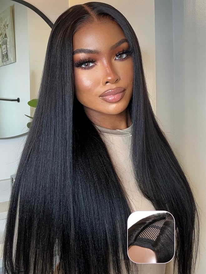 YIROO V Part Wig Yaki Straight Human Hair Wigs for Black Women Upgrade Upart Wig No Leave Out 12A Glueless Kinky Straight V Shape Clip in Half Wig No Glue No Sew Beginner Friendly 180% Density 22 Inch