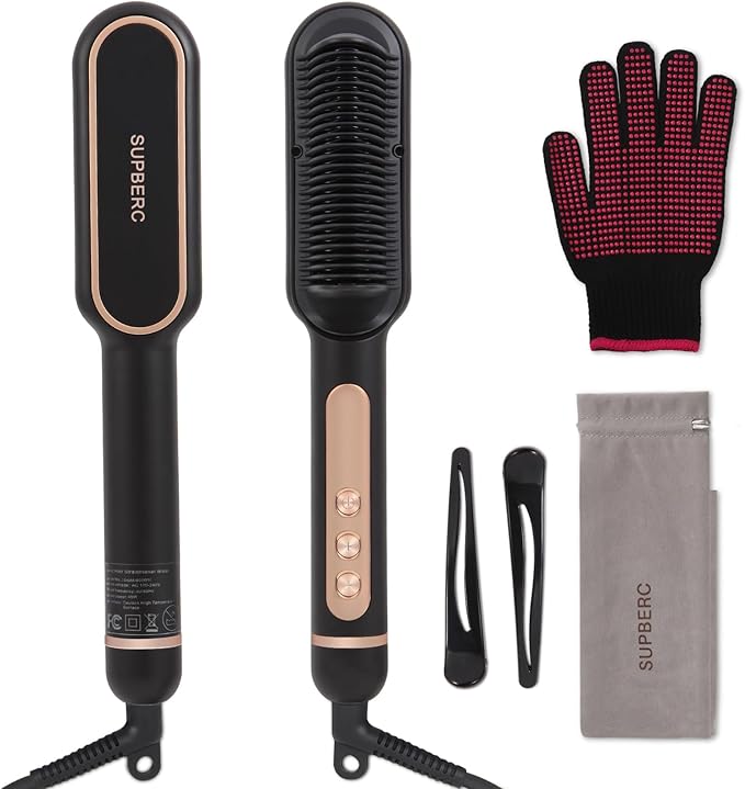 Negative Ionic Hair Straightener Brush with 9 Temp Settings, 30s Fast Heating Hair Straightening Comb with LED Display, Anti-Scald & Auto-Shut Off Hair Brush Straightener for Women (Black)