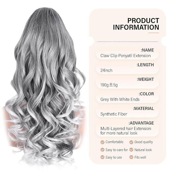 24 Inch Ponytail Extension, Layered Ponytail Extensions for Women, Soft Wavy Claw Clip in Ponytail Extension, Natural Synthetic Hair Pieces for Women (Color: Salt and Pepper)
