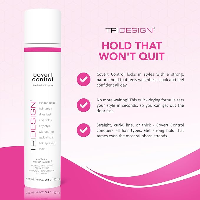 TRI Design Covert Control - Fast-Drying Hairspray for Women and Men, Strong Hold and Hair Setting, Provides Hidden Control, 10.5 Oz
