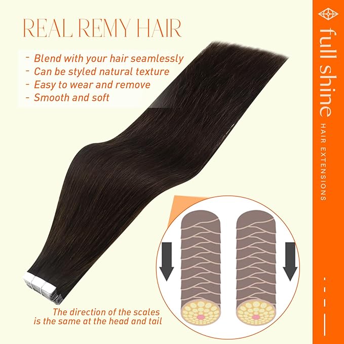 Full Shine Brown Tape in Hair Extensions Human Hair 12 Inch Short Soft Hair Extensions Tape in Color 2 Darkest Brown Double Sided Tape in Extensions Remy Human Hair for Women Add Volume 30G 20Pcs