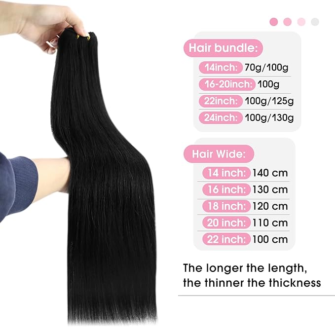 YoungSee 24 inch Black Hair Extensions Weft Sew in Hair Extensions Jet Black Weft Hair Extensions Human Hair Long Straight Remy Hair for Natural Look 100G