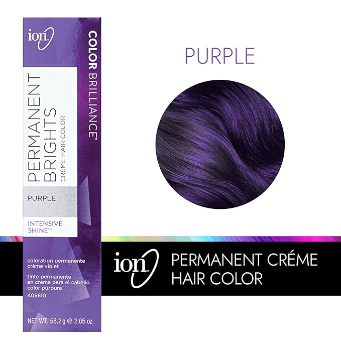 Ion Permanent Brights Creme Hair Color Purple, Vegan, Cruelty Free, PPD Free, 100% Gray Coverage, Long Lasting, Fade Resistant Color, 2.05 oz