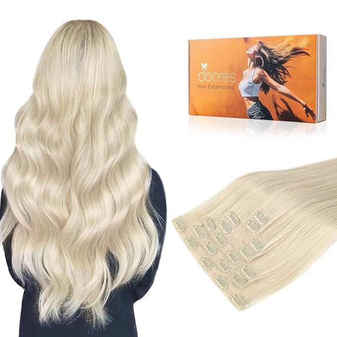 DOORES Seamless Human Hair Clip in Extensions, Platinum Blonde 130g 7pcs 16 Inch Invisible Edge Hair Extensions Silky Straight Weft for Women