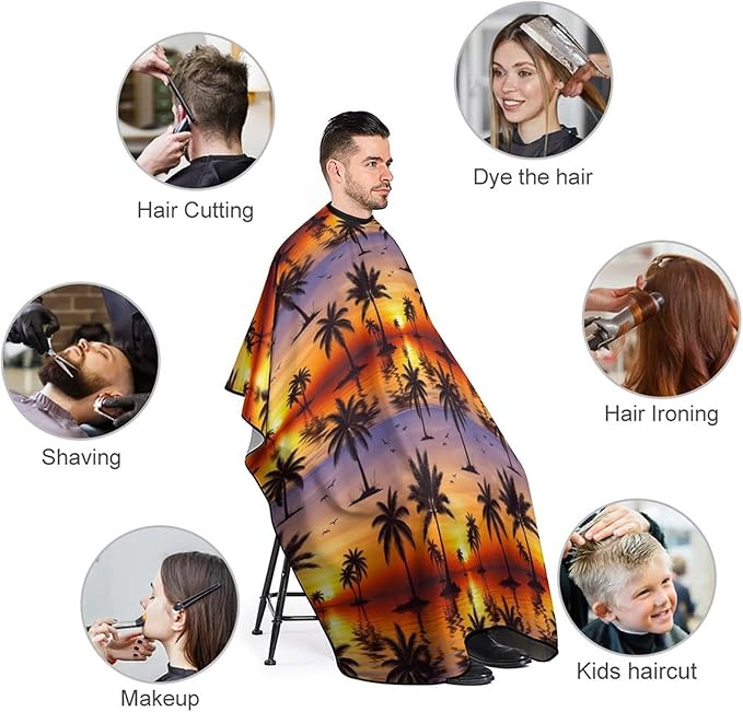 Men Tropical Sunset Coconut Palm Tree Salon Gown Cape, Full Coverage Haircut Hairdressing Cloth Apron for Hairstylists, Barber Aceessories