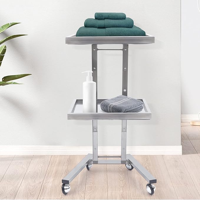 2 Tier Foldable Tray Trolley, Stainless Steel Salon Storage Metal Rolling Cart Mobile Hairdressing Tool Organizer with Wheels for Hair Salon, Studios, Spa Salons (Silver)