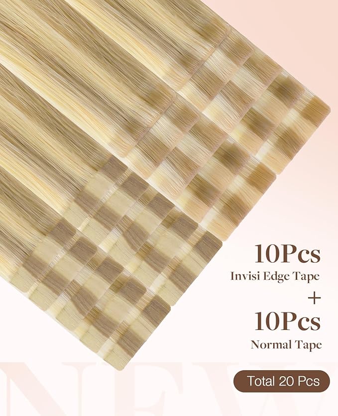 GOO GOO Invisi Edge Tape in Hair Extensions Human Hair, 16/22 Light Blonde Highlighted Golden Blonde 10pcs injected with 10pcs classical tape ins, 12inch 40g, Virgin Remy Hair, Natural Look