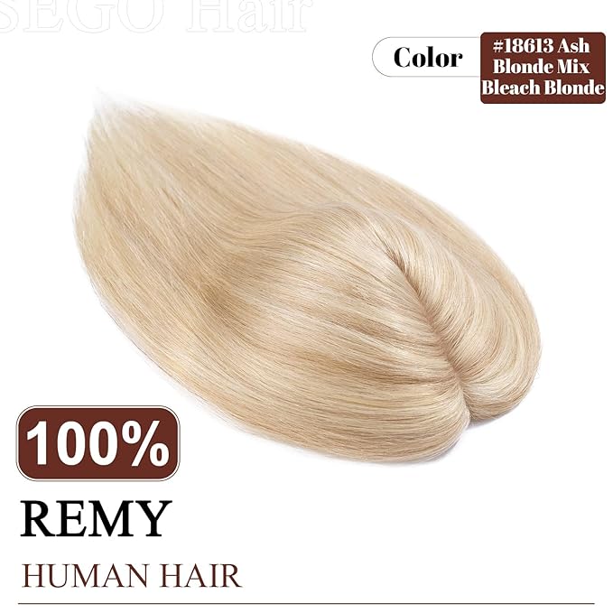 SEGO Human Hair Topper for Women, No Bangs Real Hair Topper with Anti-Slip Clips (8 Inch#18/613 Ash Blonde Mix Bleach Blonde)