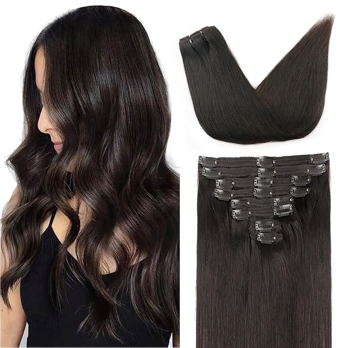 Straight Clip In Hair Extensions Real Human Hair 8Pcs Clip In Dark Brown Human Hair Extensions with 18Clips Lace Weft 120g 14inch