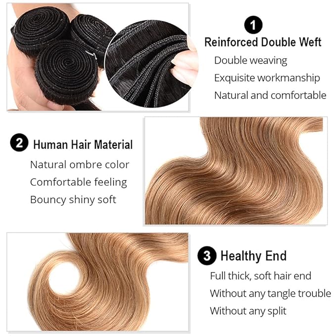 1b/27 Human Hair Bundles Ombre Blonde Body Wave Bundle Brazilian Virgin Remy Hair 3 Bundles 14 16 18 Inch 2 Tone Honey Blonde and Black Bundle Double Weft Hair Weave 150g