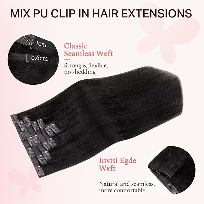 DOORES Clip in Hair Extensions Set 20 Inch 140g, 4pcs Invisi Edge Clip ins and 3pcs Classic Seamless Clip ins, Injected Virgin Real Human Hair Extensions Natural Invisible Straight, #1