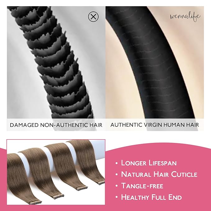 WENNALIFE Tape in Hair Extensions Human Hair Light Ash Brown Tape in Extensions, 10pcs 20g 10 inch Remy Invisible Tape Ins Straight Colored Soft Real Human Hair Refill Set