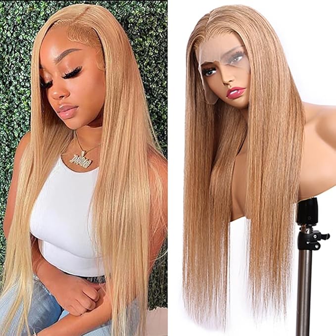 Honey Blonde Straight 13x4 Lace Front Human Hair Wigs with Baby Hair Pre Plucked Brazilian Virgin Hair Transparent HD Lace Frontal Wig for Black Women 180% Density 28 Inch