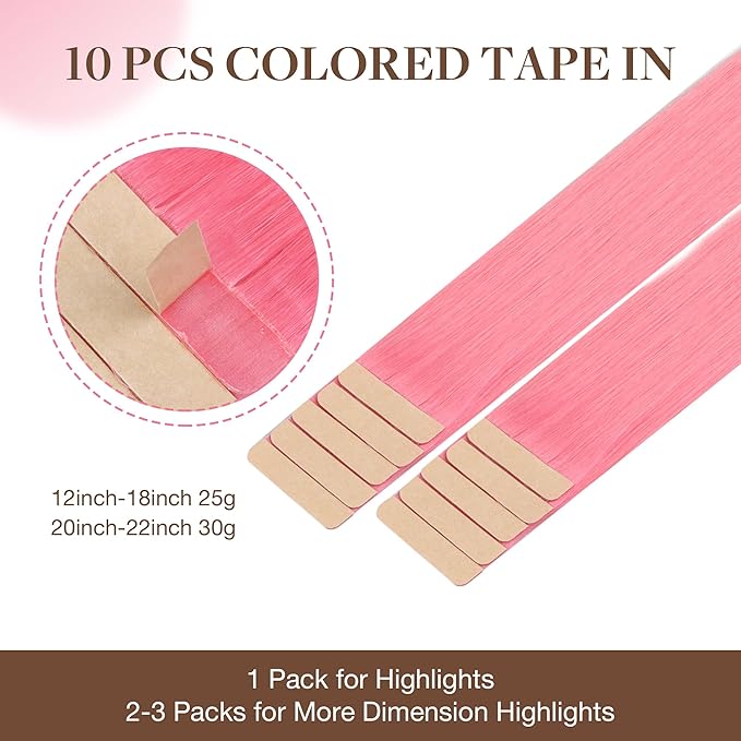 GOO GOO Tape in Hair Extensions Human Hair, Peach Pink, 18inch 25g 10pcs, Colored Tape ins Human Hair Extensions, Silky&Soft Invisible Tape Ins, Hair Highlighted for Party