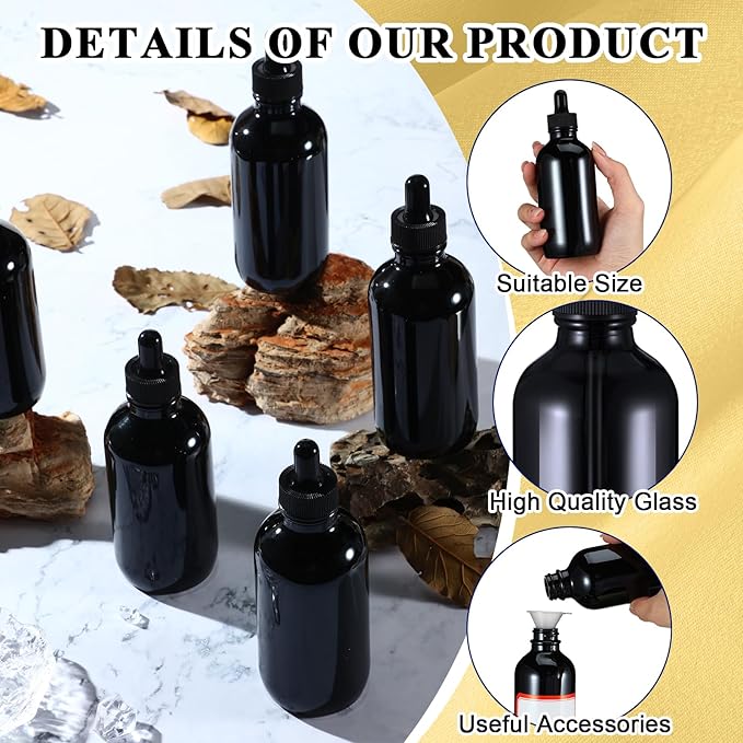 Dandat 50 Pack 4 oz Glass Dropper Bottles Leakproof 120 ml Glass Tincture Bottles with Eye Droppers, 4 Funnels, 54 Labels for Essential Oil Perfumes Hair Oil(Black)