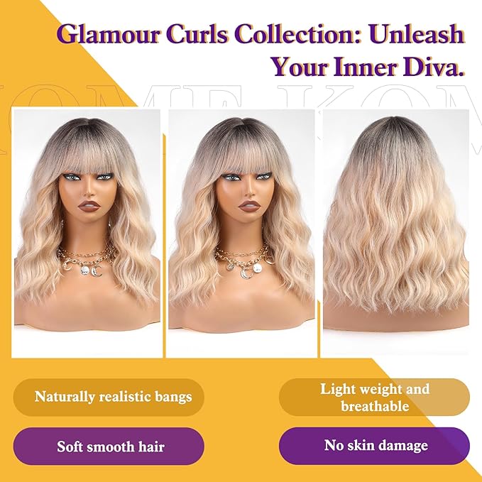 Curly Bob Wig with Bangs Short Wavy Ombre Blonde Wigs for Women Lob Haircut Synthetic Heat Resistant Bob Wigs 14IN