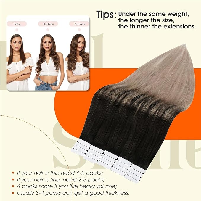 Full Shine Hair Extensions Black Ombre Ash Blonde 16 Inch Double Sided Tape in Hair Extensions for Women Invisible Human Hair Extensions 50 Gram 20 Pcs Seamless Remy Extensions Skin Weft for Wedding
