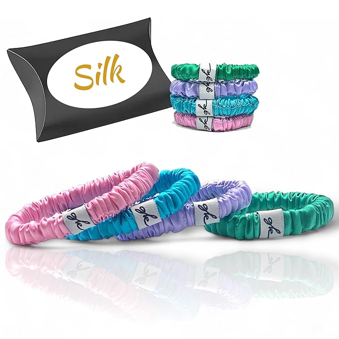 Silk Scrunchies for Women No Damage Mulberry Silk No Slip 4 Pack-Elastic Ponytail Girls Hair Ties | Skinny Hair Ties for Thin Thick Wavy or Curly Hair No Crease for Sleep and Sports (4, Dark Pastel)