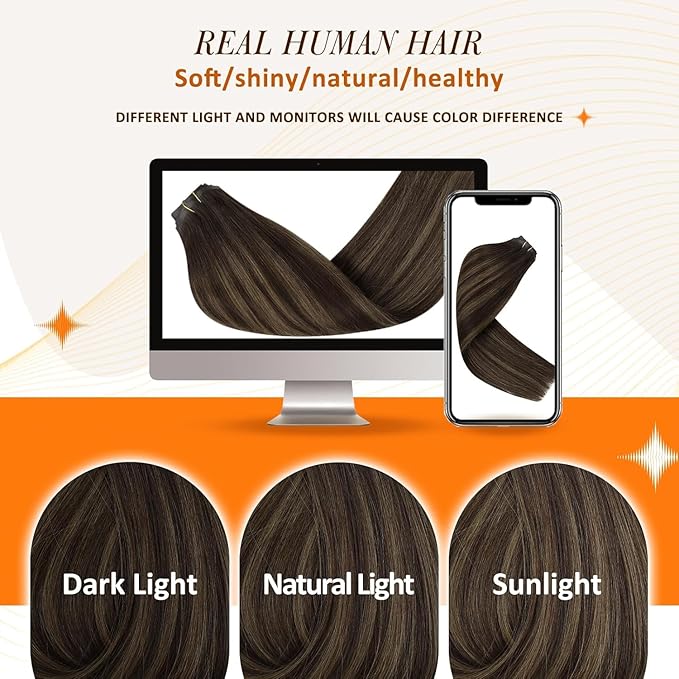 Full Shine Balayage Clip in Hair Extensions Dark Brown to Light Brown with Caramel Blonde Remy Human Hair with PU Weft Thick Ends 16 Inch 8 PCS 120 Grams