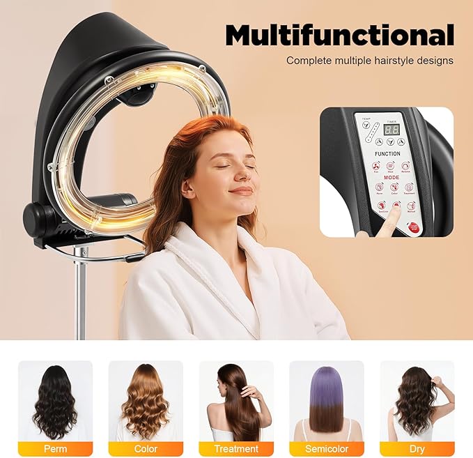 1KW Professional Hair Dryer, Salon Drying Perming Machine, 3 in 1 Orbiting Hair Steamer, Sit Under Salon Color Processor with Rolling Base