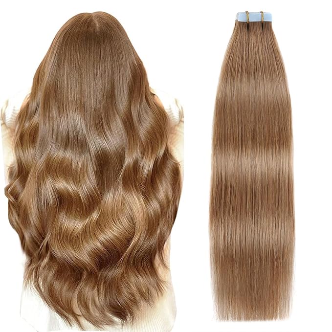 SUYYA Tape in Hair Extensions Human Hair Light Brown 18 inches 50g 20pcs Straight Seamless Skin Weft Tape in Human Hair Extensions(18 inches #8 Light Brown)