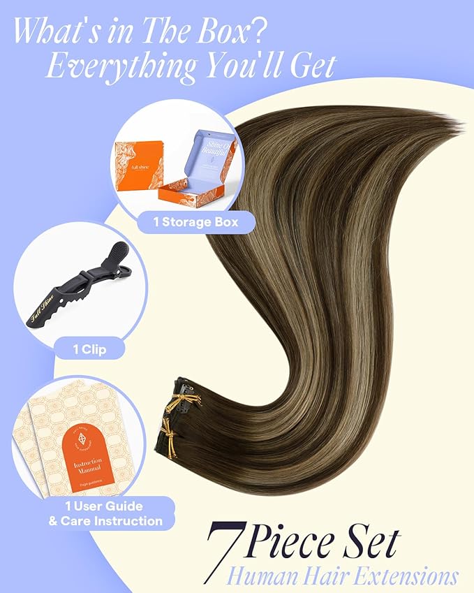 Full Shine 22 Inch Invisible Clip in Hair Extensions Human Hair Ombre Brown Clip in Human Hair Extensions Medium Brown Balayage Honey Blonde Thick Hair Extension 7 Pcs 150 G