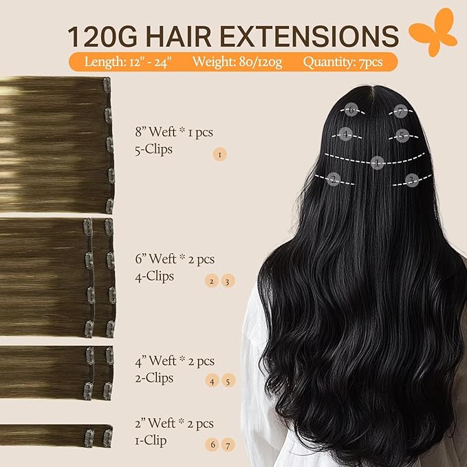 DOORES Hair Extensions Clip in Human Hair Balayage Walnut Brown to Ash Brown and Bleach Blonde 120g 7pcs 20inch Real Hair Extensions Clip in Straight Natural Thick Weft