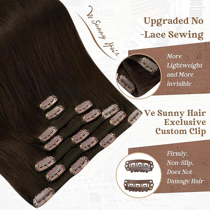 Ve Sunny Clip in Human Hair Extensions Dark Brown Clip in Hair Extensions 24 inch Hair Extensions Clip ins Real Hair Clip in Extensions Long Straight Hair 7pcs 120g