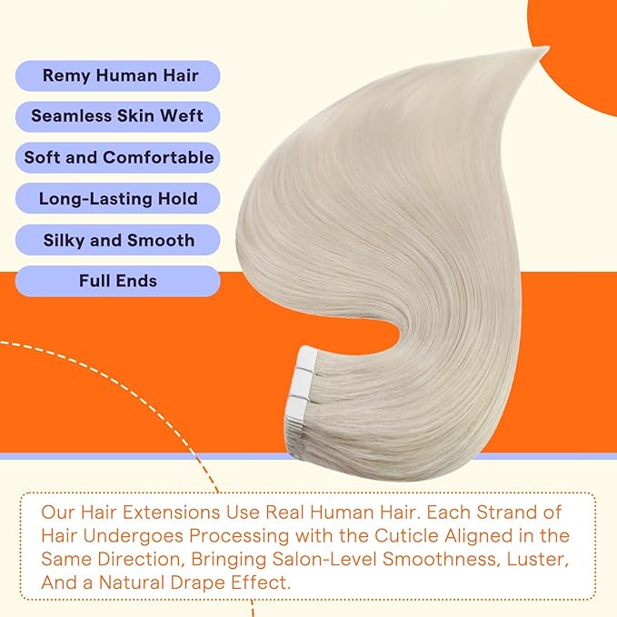 Full Shine Human Hair Extensions Tape in 24 Inch Color 1000A Blonde Invisible Straight Double Sided Tape in Hair Extensions 50 Grams Natural Seamless Skin Weft Remy Extensions 20PCS Add Length